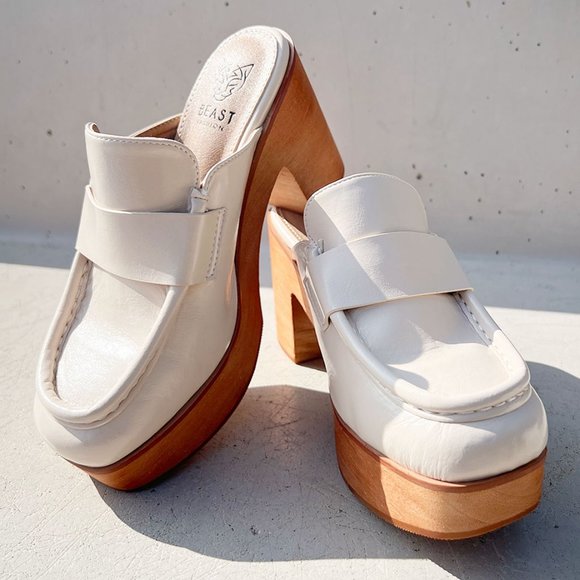 NEW Penny Loafer Wooden Platform Heel Clog Mules Shoes Chunky Off White Bone - Picture 16 of 16